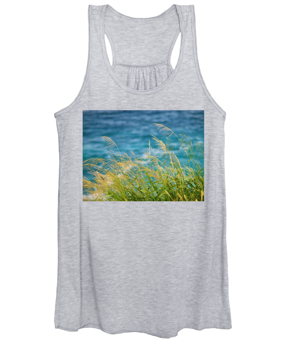 Ocean Women's Tank Top featuring the photograph Tall Grass Against a Blue Ocean by Christopher Johnson