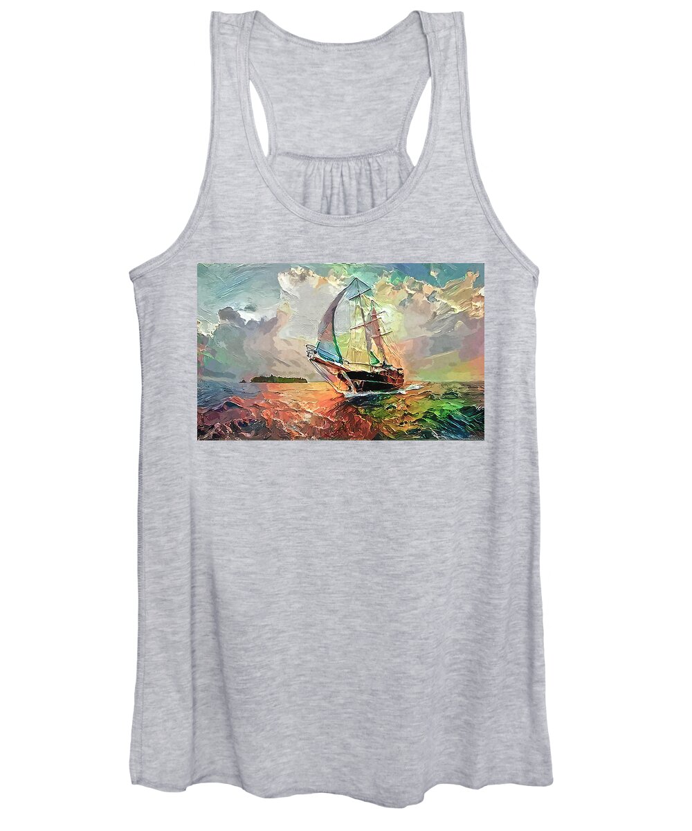 Tall Ship Women's Tank Top featuring the photograph Tall Ship Sails Toward Shore Abstract Painted Digitally by Sandi OReilly