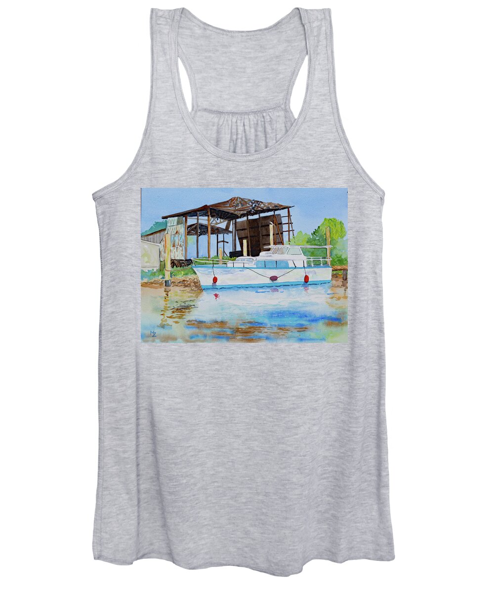 Boat Women's Tank Top featuring the painting Tarpon Springs Boat Dock by Margaret Zabor