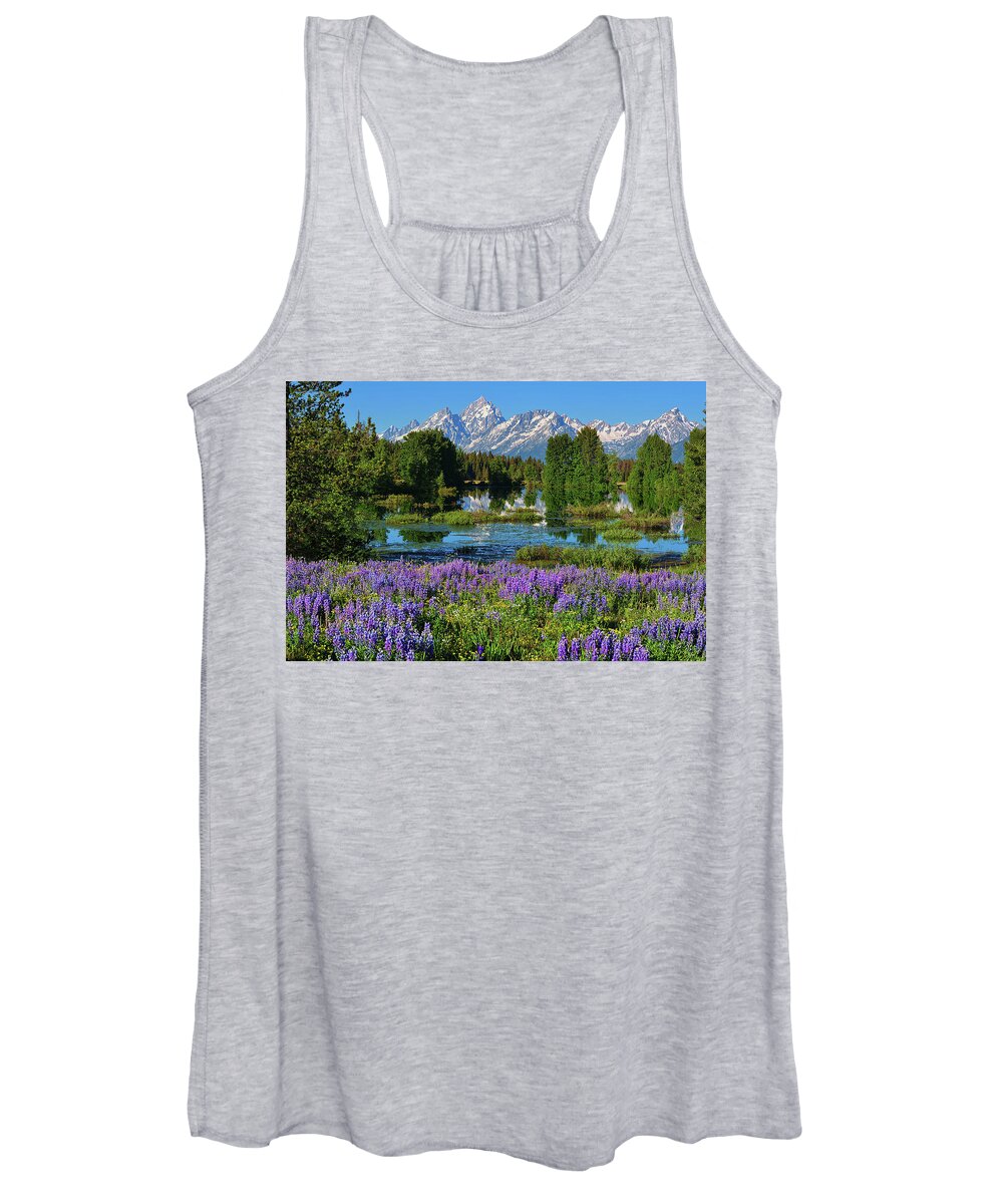 Grand Teton National Park Women's Tank Top featuring the photograph Tetons and Lupines by Greg Norrell