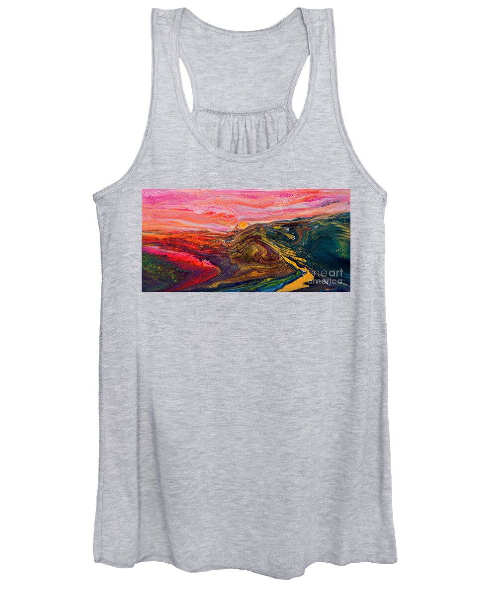 Energetic Fun Impressionist Landscape Fantasy Sunset Vibrant Compelling Striking Abstract Seascape Alien World Women's Tank Top featuring the painting The Escape Scape 5294 w by Priscilla Batzell Expressionist Art Studio Gallery