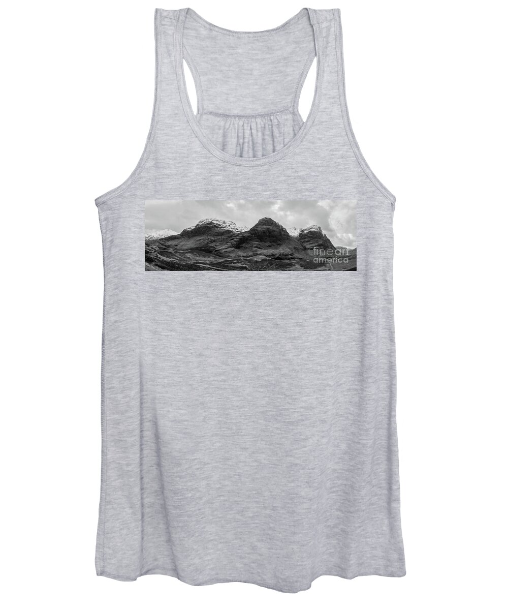 Scotland Women's Tank Top featuring the photograph The Three Sister Panorama Black and White by SJ Elliott Photography