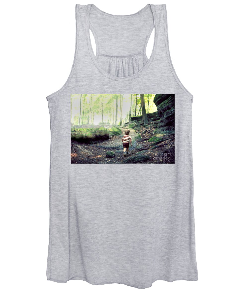 Hiking Women's Tank Top featuring the photograph Three year old small boy child hiking alone on an uphill trail in a boulder strewn deciduous forest by Robert C Paulson Jr