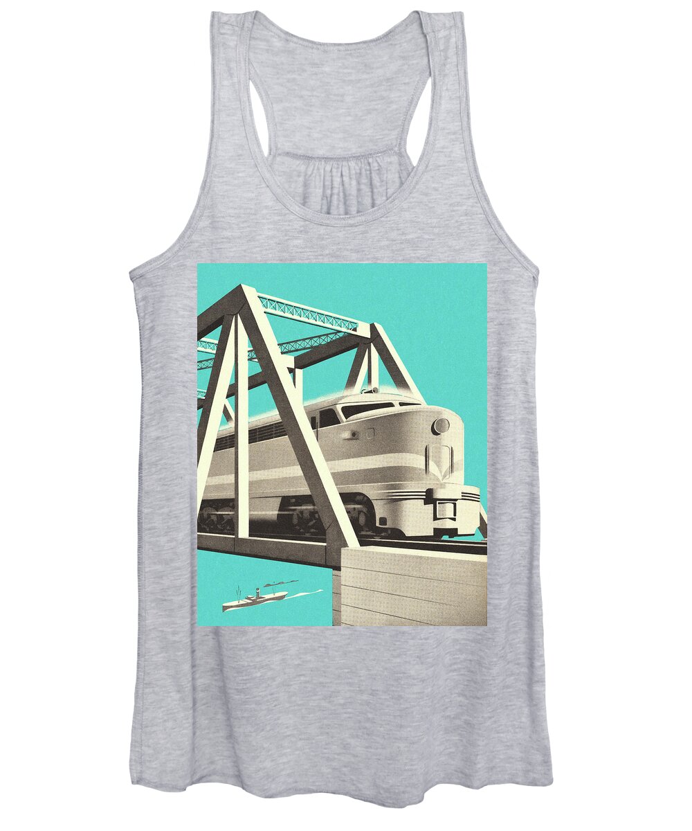 Blue Background Women's Tank Top featuring the drawing Train Traveling on a Viaduct by CSA Images