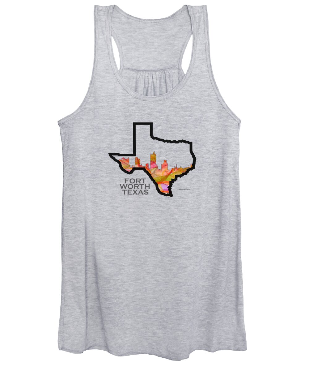 Fort Worth Women's Tank Top featuring the digital art US State Map - Fort Worth Texas Text - Summer Swirl by Marlene Watson