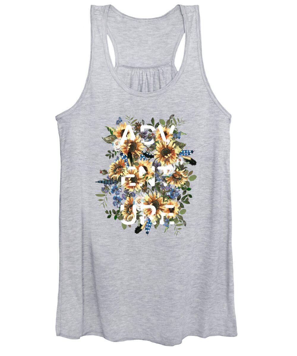 Sunflowers Women's Tank Top featuring the painting Watercolour Sunflowers Adventure typography by Georgeta Blanaru