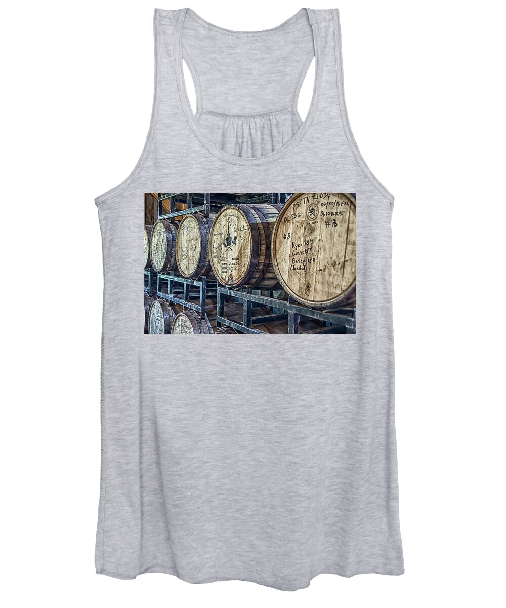 Tennessee Whiskey Trail Women's Tank Top featuring the photograph Whiskey barrels in Leipers Fork warehouse by Karen Foley