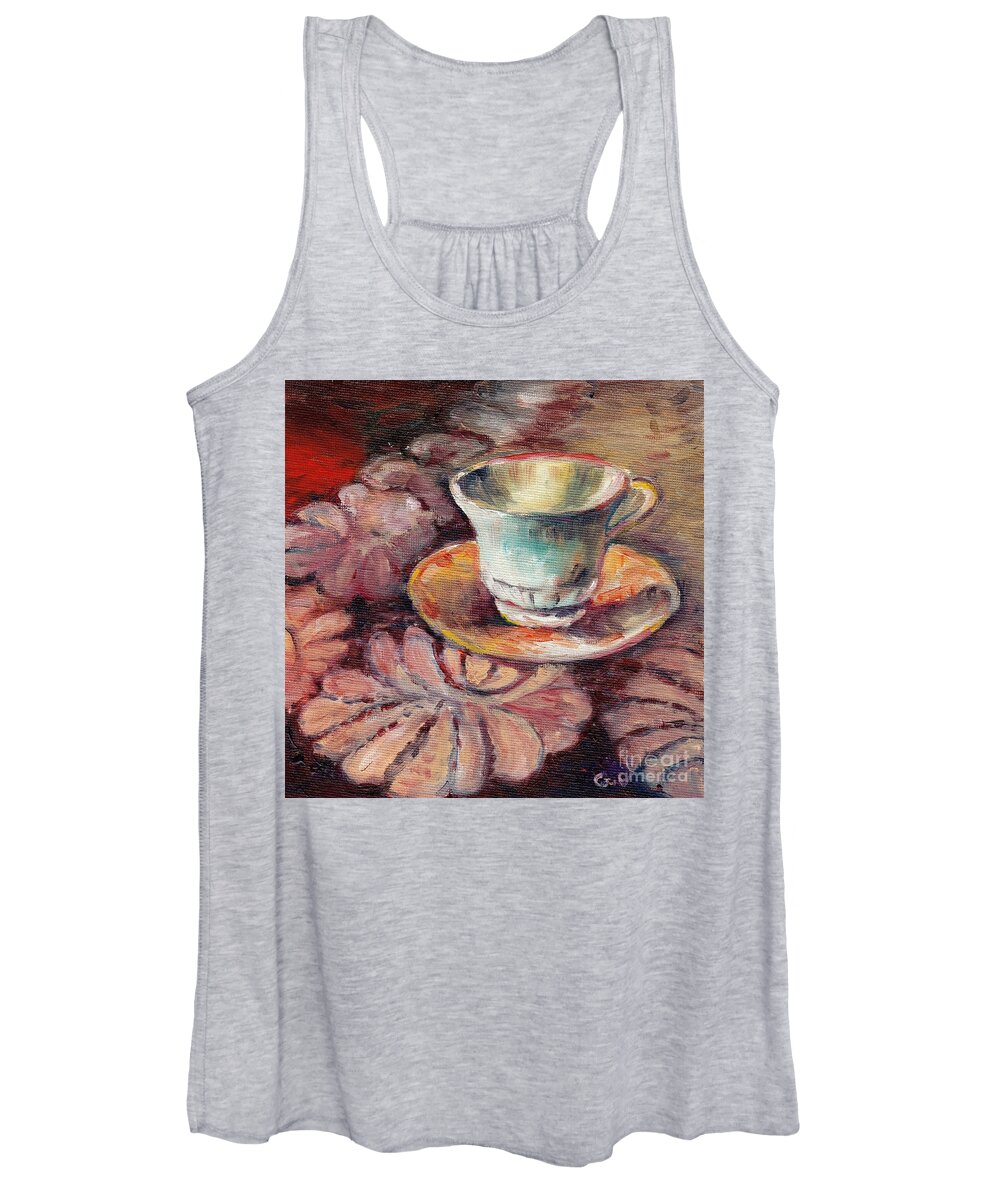 Still Life Women's Tank Top featuring the painting White Tea Cup On Grandmas Treasured Lace Tablecloth Sunlight Still Life Charming Original Painting by Grace Venditti