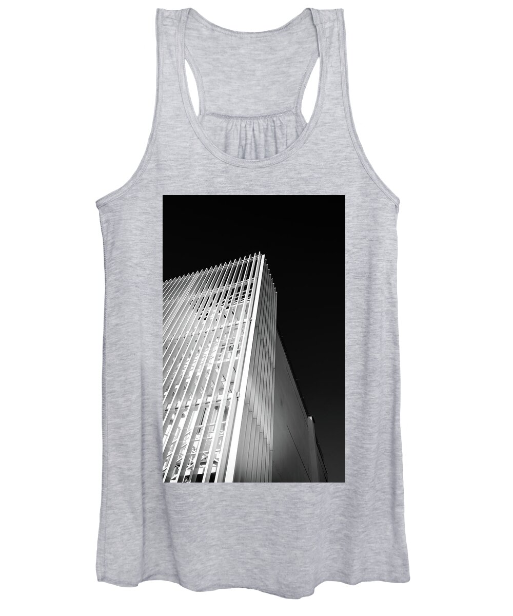 Architecture Women's Tank Top featuring the photograph Abstract architecture design. Black and white futuristic exterior background. Black sky copy-space by Michalakis Ppalis