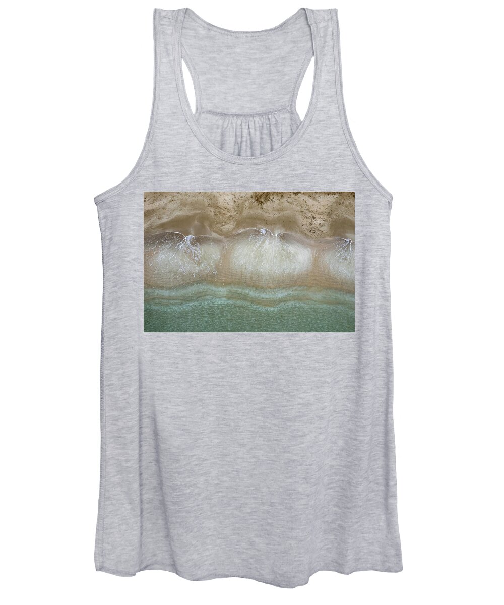 Golden Sand Women's Tank Top featuring the photograph Aerial view drone of empty tropical sandy beach with golden sand. Seascape background by Michalakis Ppalis