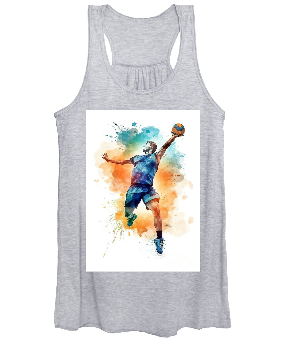 Ai Women's Tank Top featuring the digital art Handball in action with colorful paint splash. #1 by Odon Czintos