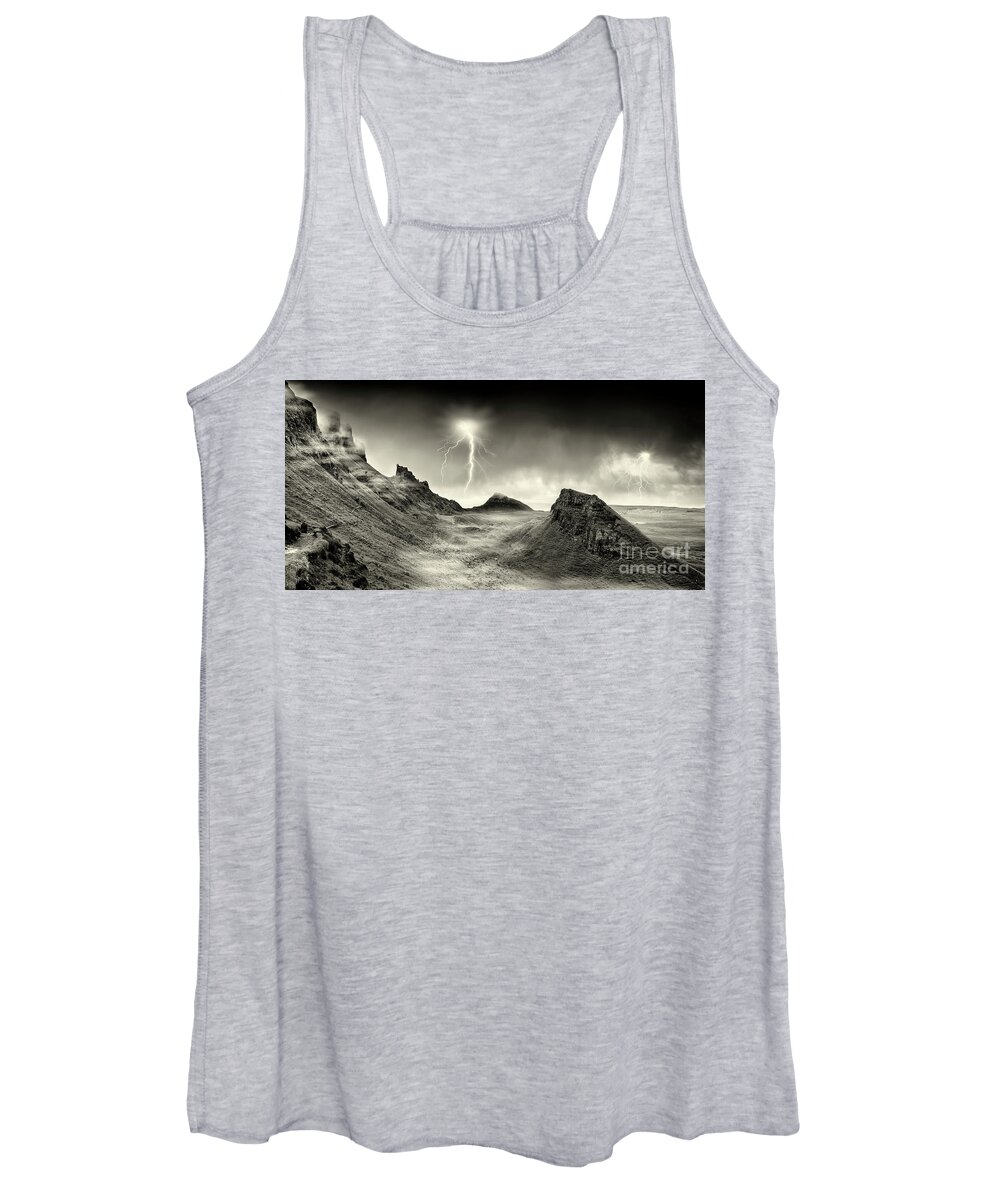 Isle Of Skye Women's Tank Top featuring the photograph Lightning strikes over the Quiraing, Skye. #1 by Phill Thornton