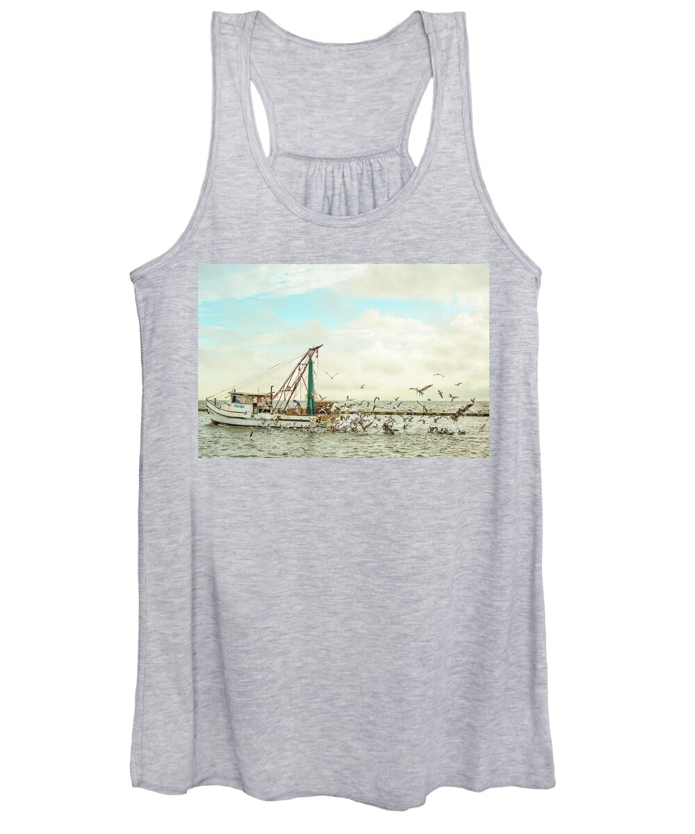 Shrimp Boat Birds Pelican Laughing Gull Coast Coastal Shrimping Net Water Rockport Texas Fulton Clouds Bay Gulf Mexico Marina Harbor Women's Tank Top featuring the photograph Rainbow Returns #1 by Christopher Rice