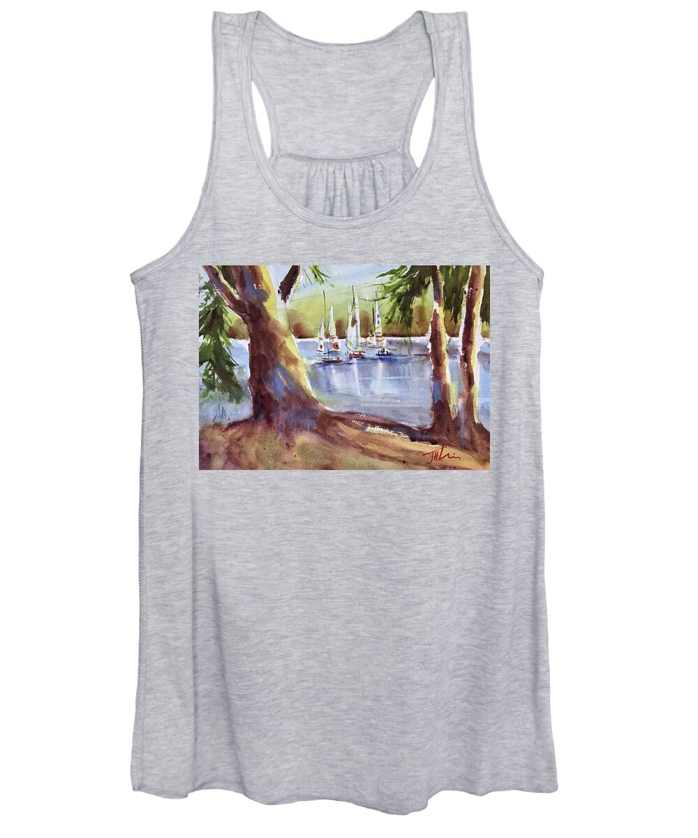 Landscape Women's Tank Top featuring the painting Sailing on First Lake #1 by Judith Levins