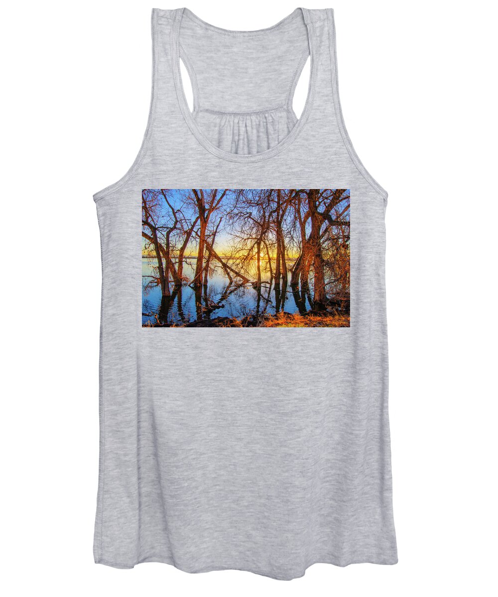 Autumn Women's Tank Top featuring the photograph Twisted Trees On Lake at Sunset by Tom Potter