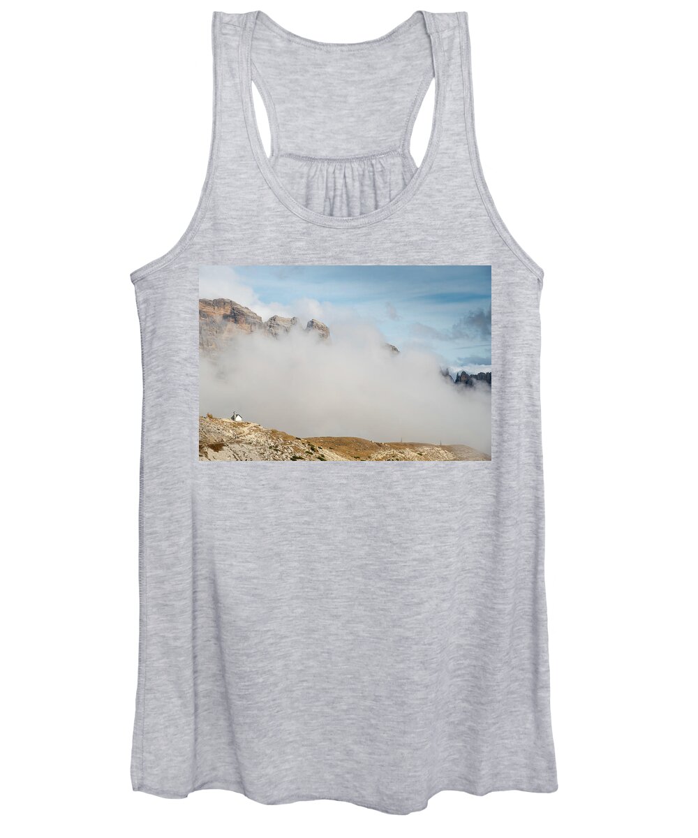 Tre Cime Women's Tank Top featuring the photograph Mountain landscape with fog in autumn. Tre Cime dolomiti Italy. #2 by Michalakis Ppalis