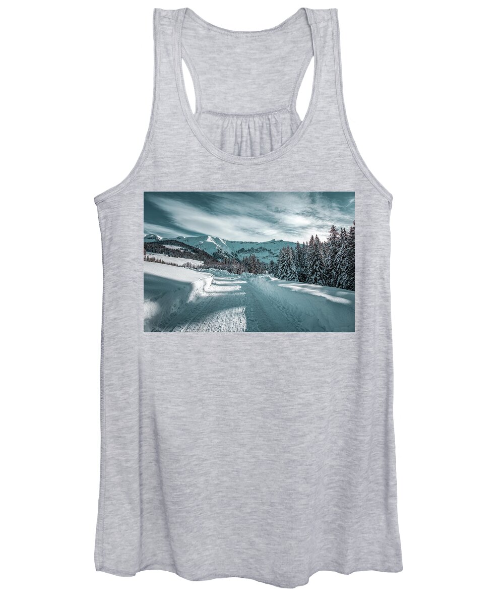 Geneva Women's Tank Top featuring the photograph Snowy road in the French Alps #2 by Benoit Bruchez