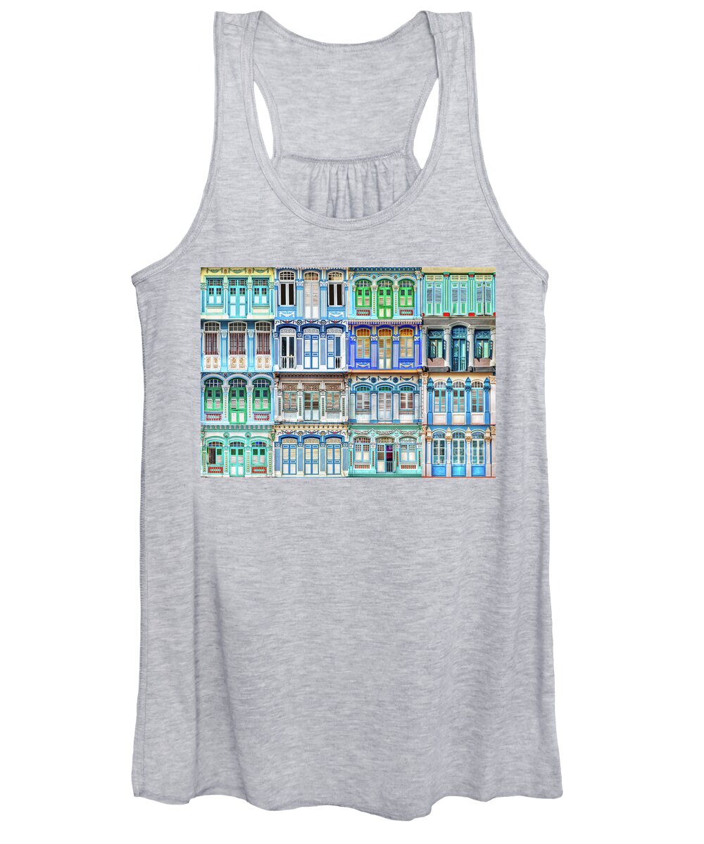 Singapore Women's Tank Top featuring the photograph The Singapore Shophouse, in BLUE by John Seaton Callahan