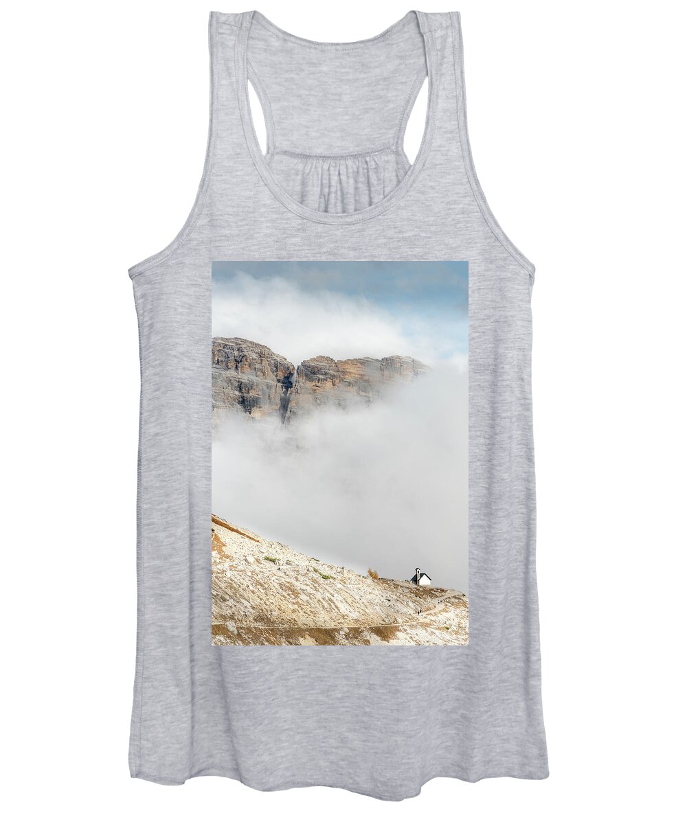 Italian Alps Women's Tank Top featuring the photograph Mountain landscape with fog in autumn. Tre Cime dolomiti Italy. by Michalakis Ppalis