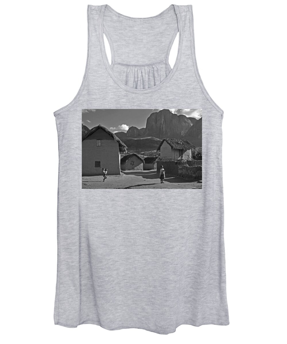 All Women's Tank Top featuring the digital art A Dewelling in Baobab Alley in Madagascar Black and White KN60 by Art Inspirity