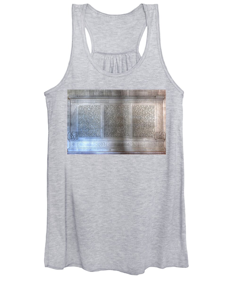 Abraham Lincoln Women's Tank Top featuring the photograph Abraham Lincoln - Second Inaugural Address in the Lincoln Memorial Washington D.C. by Marianna Mills
