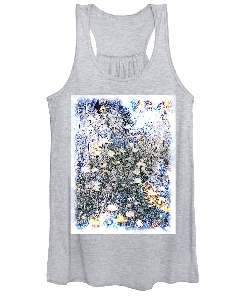 Abstract Yellow Flowers Green Leaves Grass Blue Tan Women's Tank Top featuring the digital art Abstract Yellow Flowers by Kathleen Boyles