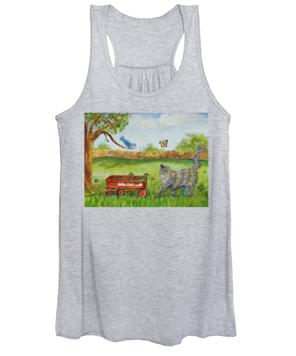 Wagon Women's Tank Top featuring the painting Adventures of Stubby the Cat by Cheryl Wallace