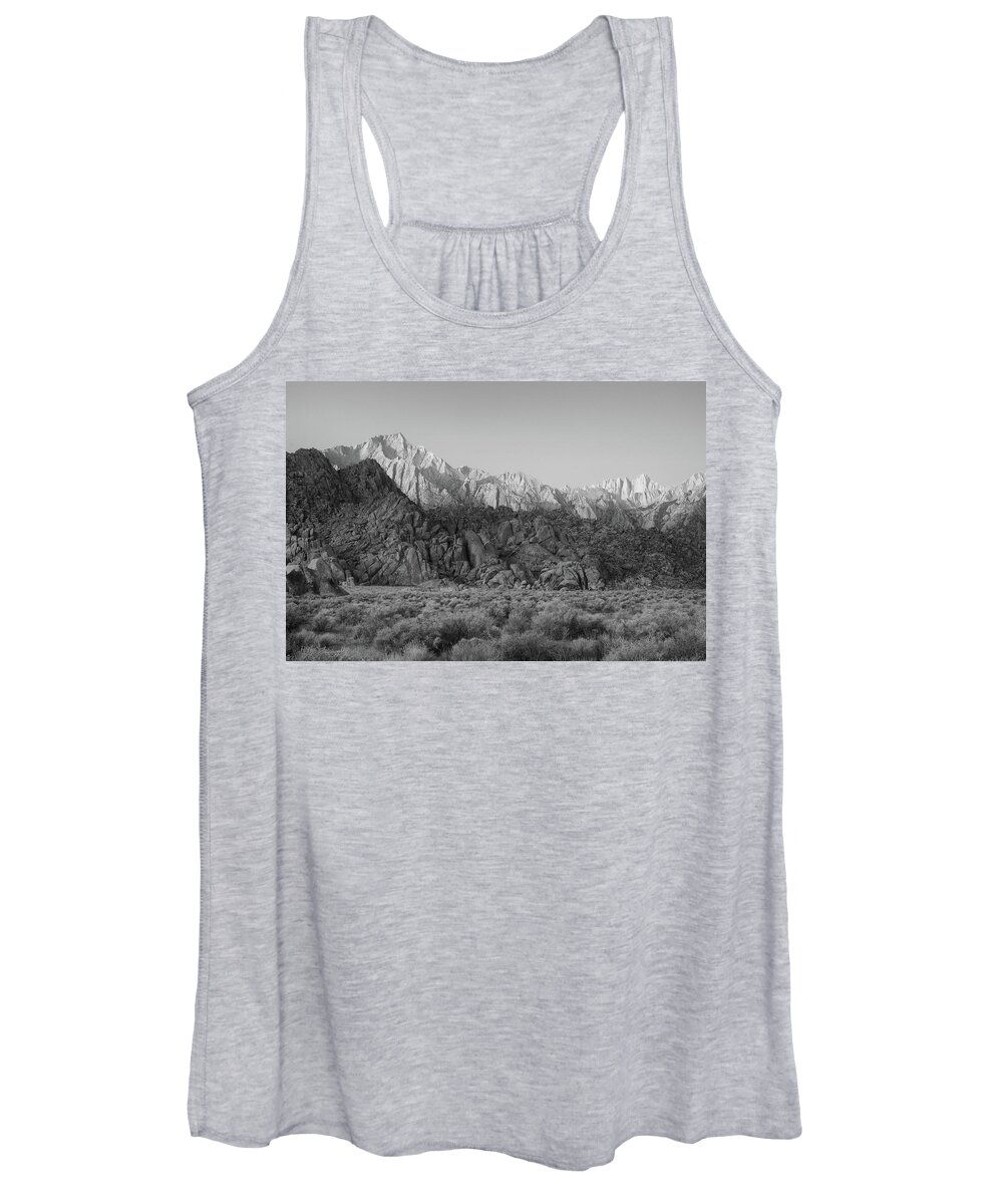 Mount Whitney Women's Tank Top featuring the photograph Alabama Hills, California, at Sunrise - Black and White by Ram Vasudev