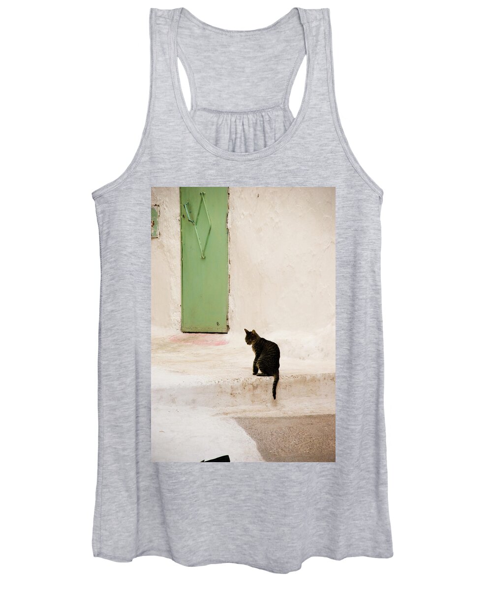 Cat Morocco Essaouira Travel Africa Tourism Old Moroccan Town City Culture Blue Medina Ancient Sea Arabic Wall Street Street Cat Essaouira Morocco Women's Tank Top featuring the photograph Album Cover Cat by Six Months Of Walking