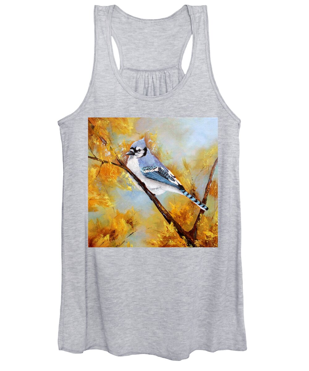 Nature Women's Tank Top featuring the painting Among the Leaves-Jay by Mary McCullah