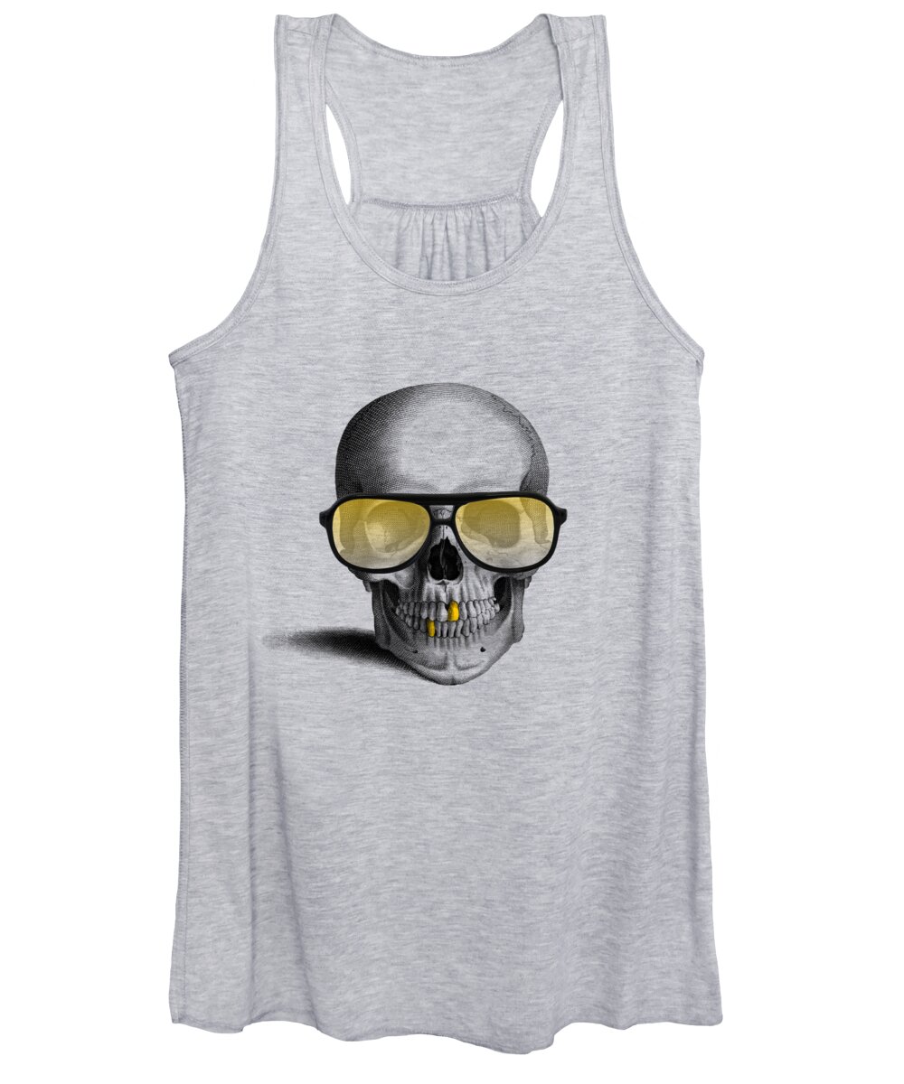 Gold Teeth Women's Tank Top featuring the digital art Skull with gold teeth and sunglasses by Madame Memento
