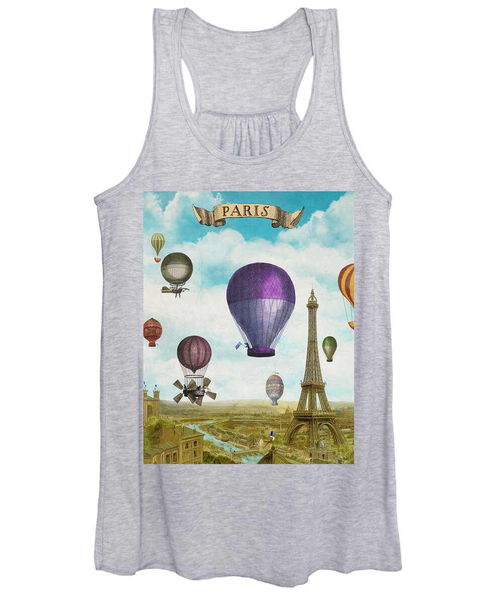 Beautiful Women's Tank Top featuring the painting Hot Air Balloons Over Paris, Hot Air Balloon Eiffel Tower by Tina Lavoie