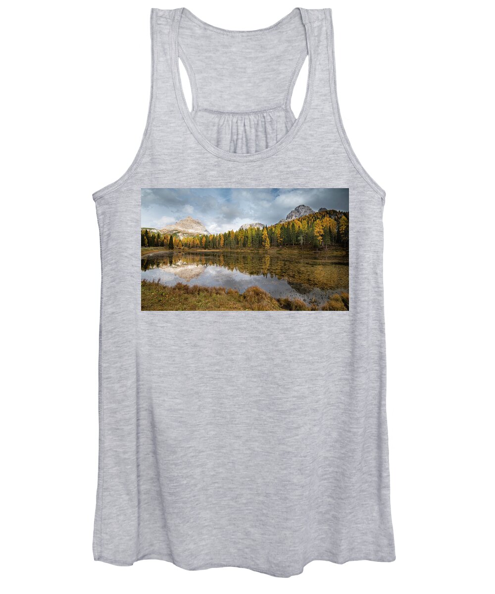 Antorno Lake Women's Tank Top featuring the photograph Lake antorno in autumn Italian dolomiti by Michalakis Ppalis