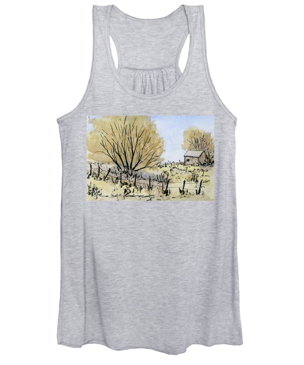 Shed Women's Tank Top featuring the painting Autumn Ranch Sketch by David King Studio
