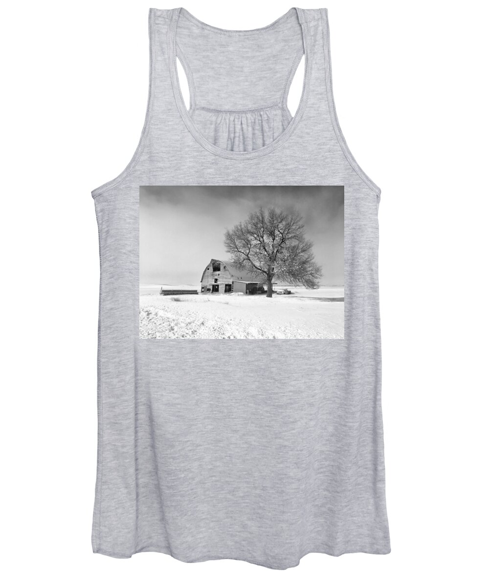 Black And White Women's Tank Top featuring the photograph Winter on the Farm BW by Jerry Abbott