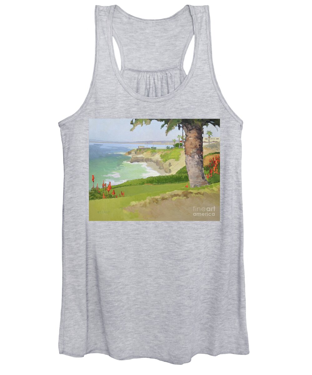 Wedding Bowl Women's Tank Top featuring the painting Beautiful Palm Tree at Wedding Bowl at Cuvier Park - La Jolla, San Diego, California by Paul Strahm