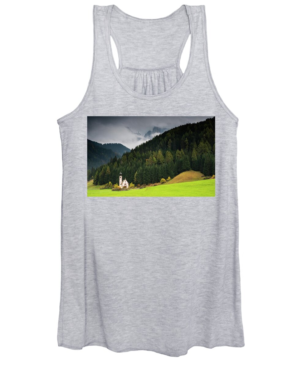 Dolomite Mountains Women's Tank Top featuring the photograph Beautiful small Alpine church in Italy. by Michalakis Ppalis