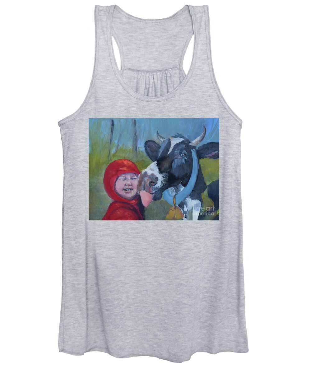 The Adventures Of Bessie And Bo Women's Tank Top featuring the painting Bessie loves Bo - Cow Licks Boy by Jan Dappen