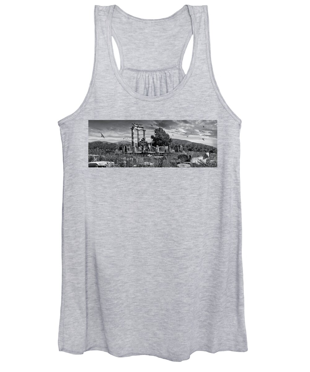Delphi Tholos Women's Tank Top featuring the photograph Sacred Stone - Black and white photo of Delphi Tholos by Paul E Williams
