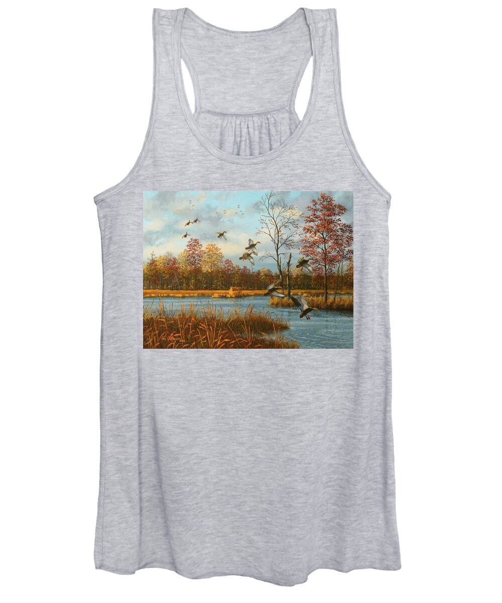 Guy Crittenden Waterfowl Women's Tank Top featuring the painting Black Ducks and Empty Blind by Guy Crittenden