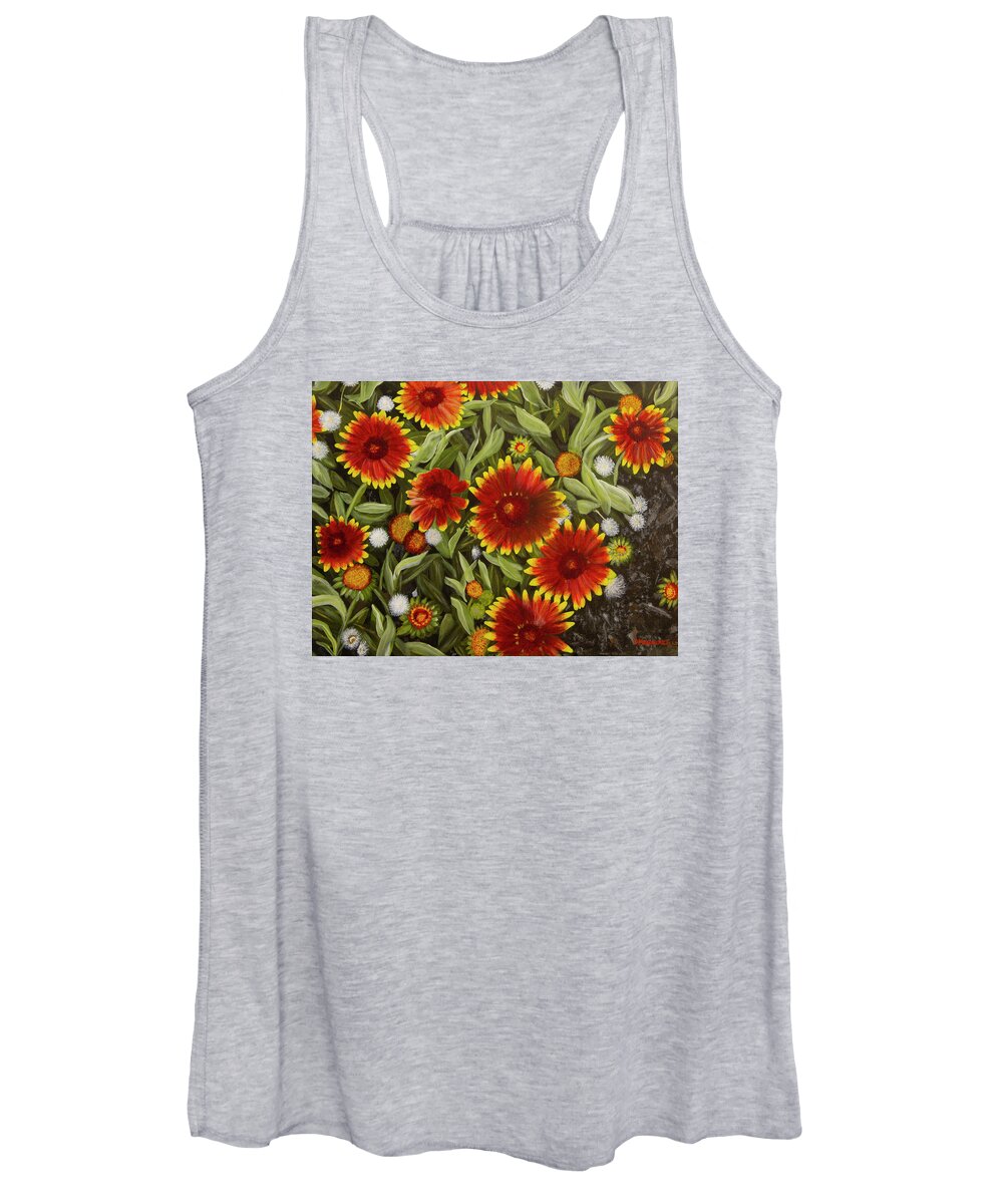 Red Women's Tank Top featuring the painting Blanket Flowers by Donna Manaraze