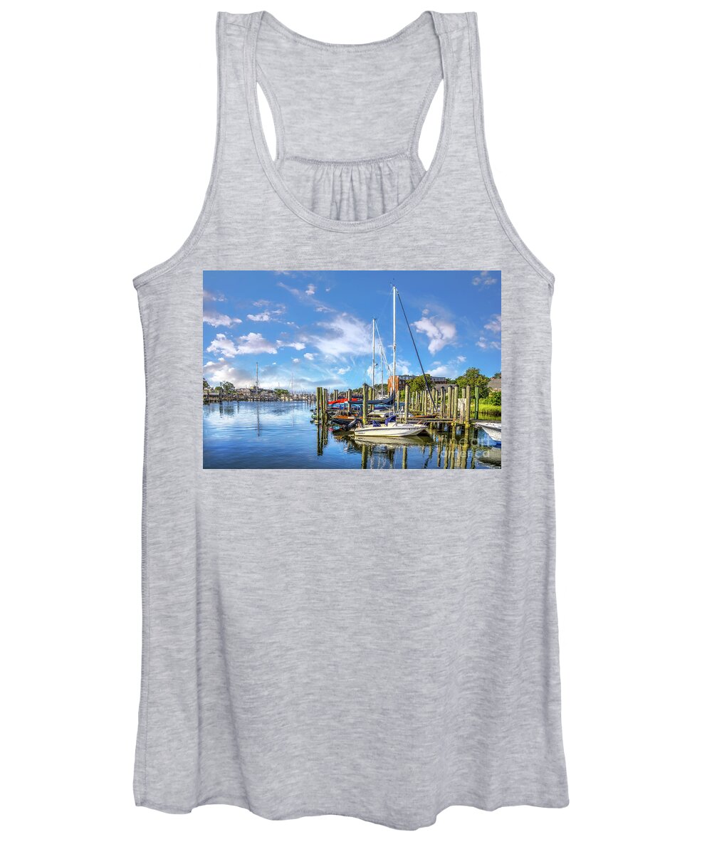 Blue Women's Tank Top featuring the photograph Blue Skies over Mystic River by Shelia Hunt