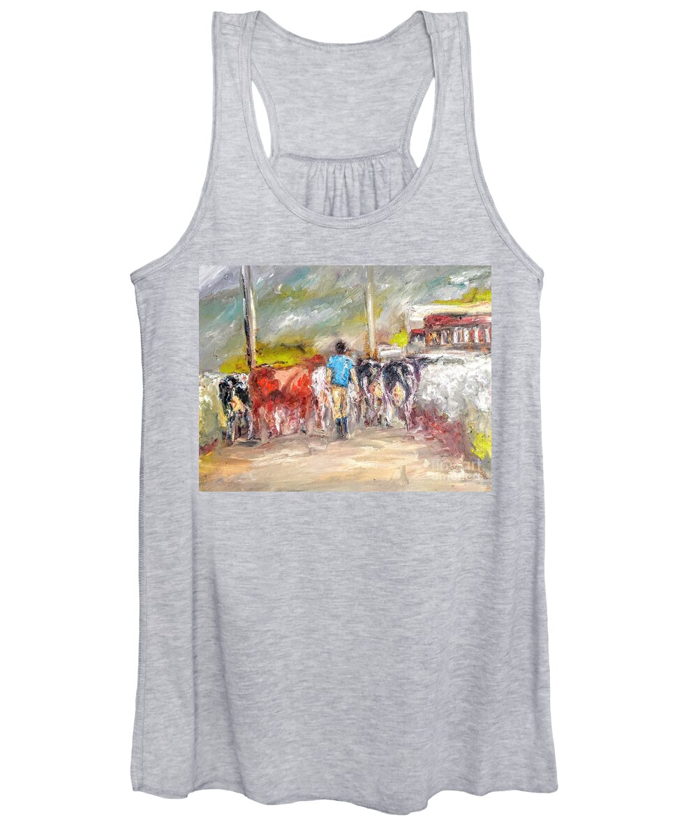 Cows Women's Tank Top featuring the painting Painting bringing the cows home by Mary Cahalan Lee - aka PIXI