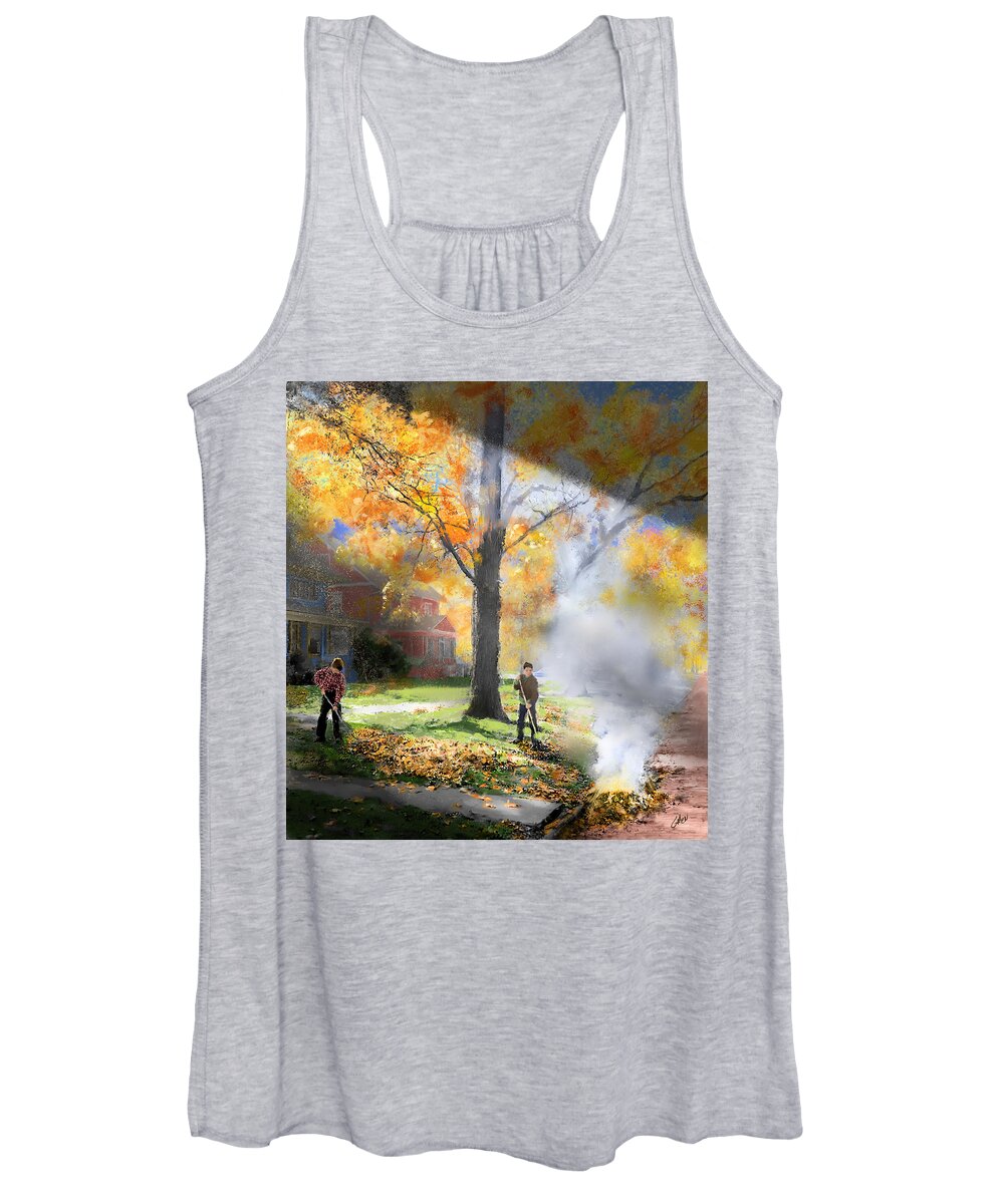 Autumn Women's Tank Top featuring the digital art Burning The Leaves - 1950s by Glenn Galen
