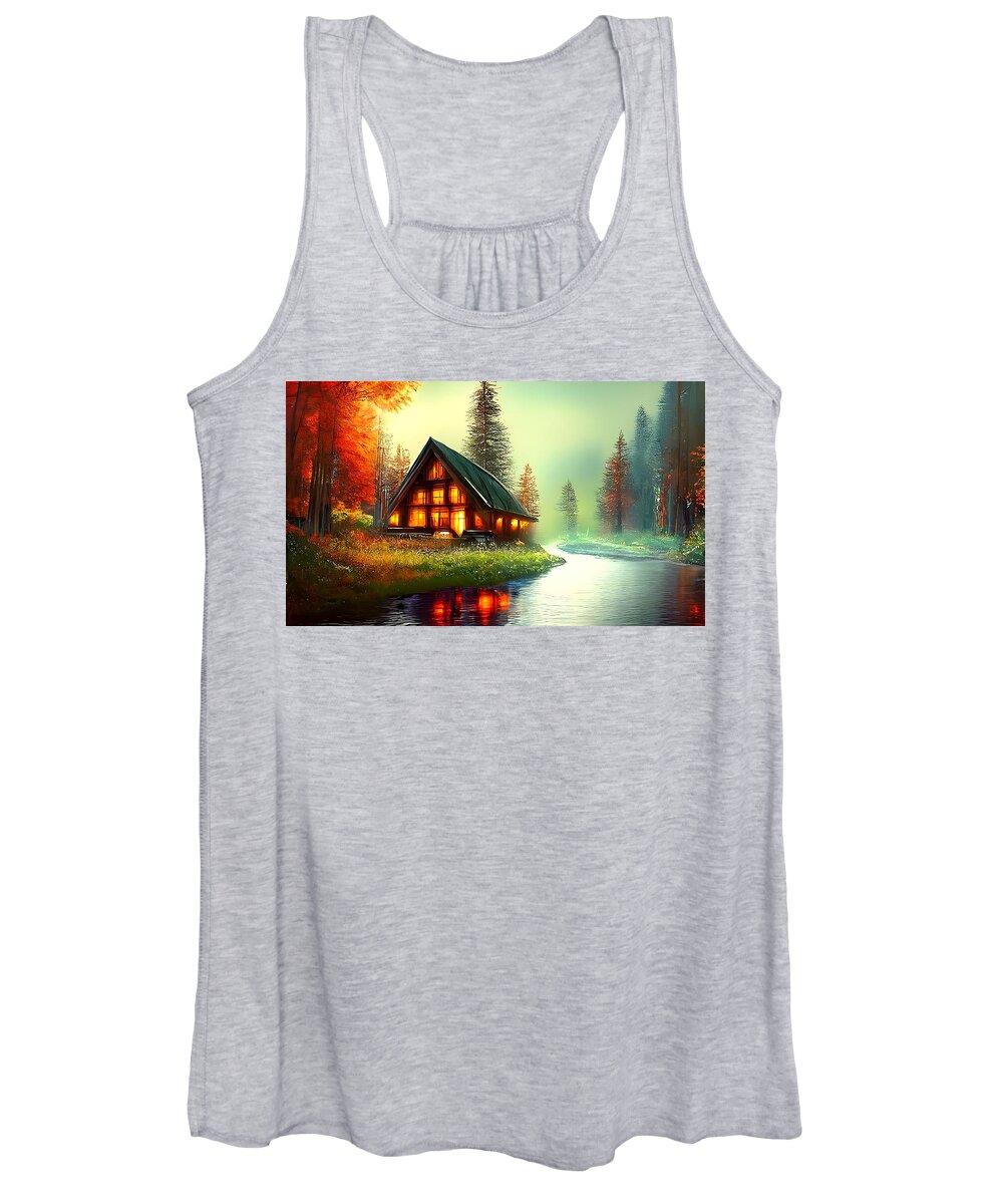 Digital Women's Tank Top featuring the digital art Cabin on a River by Beverly Read
