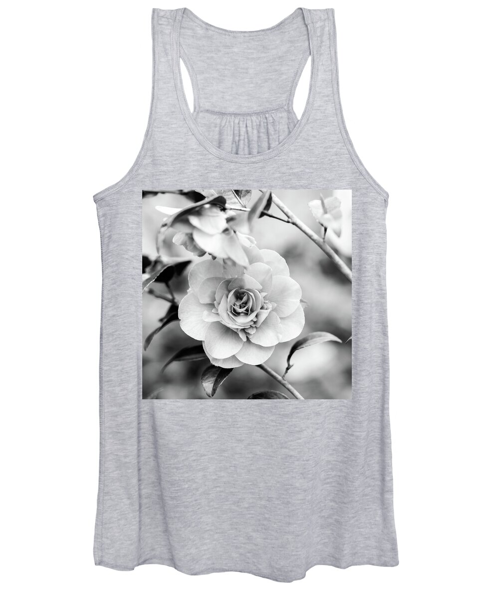 Camellia Women's Tank Top featuring the photograph Camellia Black And White Square by Tanya C Smith