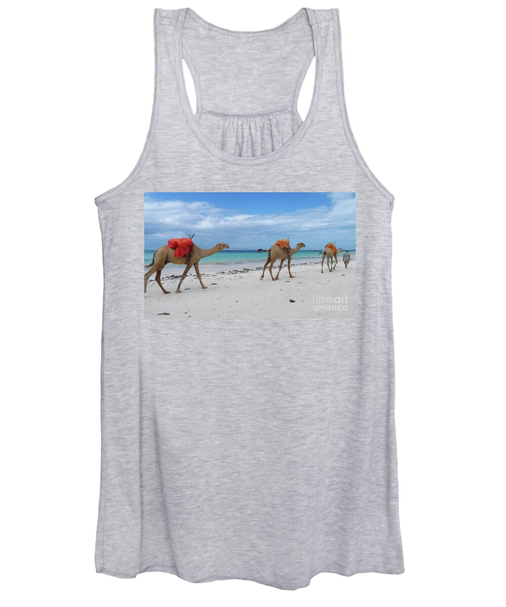 Beach Women's Tank Top featuring the photograph Camels crossing a white beach in Mombasa, Kenya by Mendelex Photography