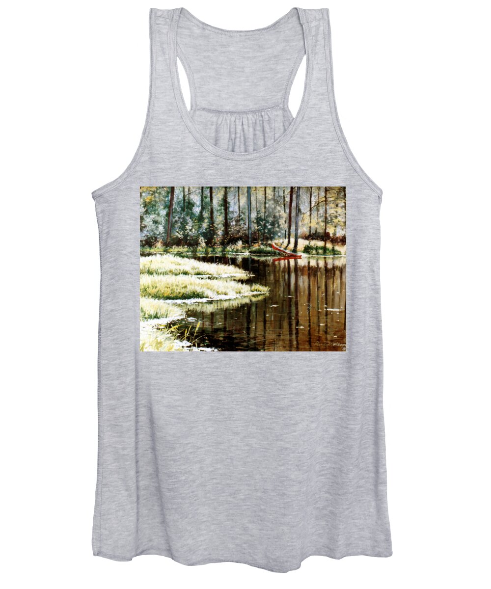 Canoe Women's Tank Top featuring the painting Canoe on Pond by Randy Welborn