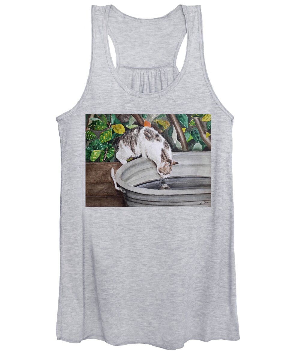 Cat Women's Tank Top featuring the drawing Summer time by Carolina Prieto Moreno