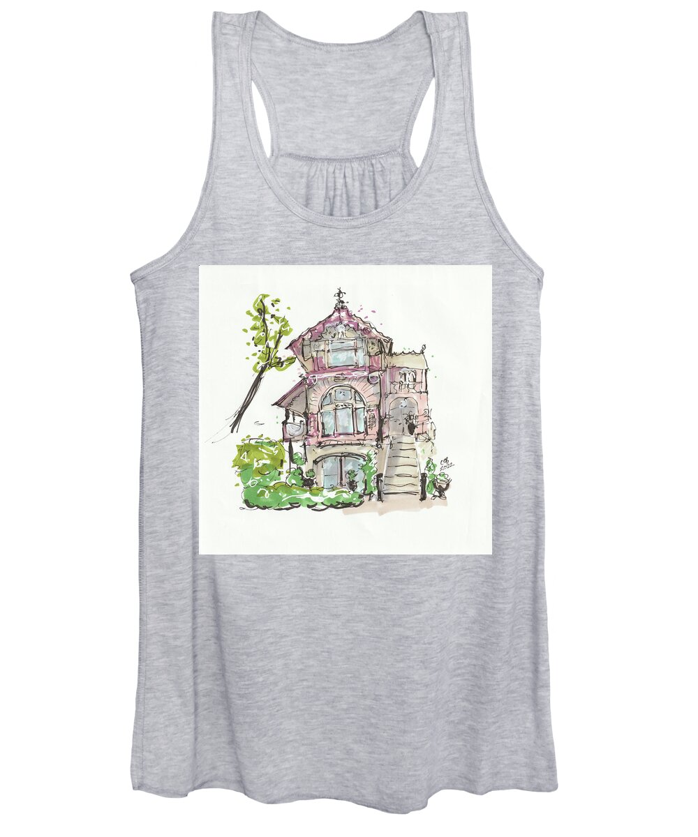 Sketch Women's Tank Top featuring the drawing Chicago Spooky Cozy House by Thomas Leparskas
